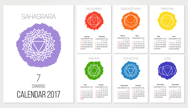 Calendar 2017 design template with 7 chakras set of 12 months vector isolated on white background, the symbol of Hinduism, Buddhism. Hand painted texture. For design, associated with yoga and India.