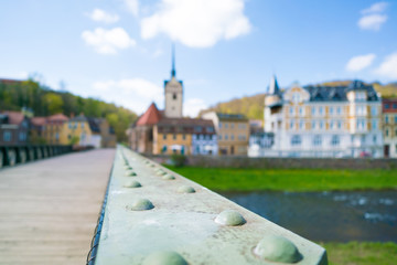 church palace and river in Germany. blurred background