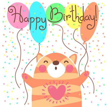 Cute happy birthday card with funny kitten.