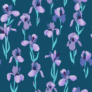 vector seamless iris flower pattern, gentle romantic floral background allover print, vertical orientation