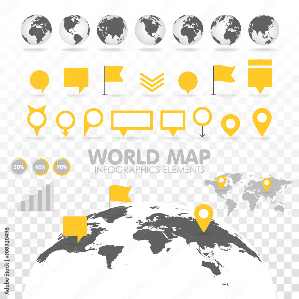 Poster world map 3d with set of infographics elements.