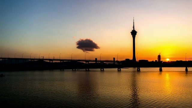 The landmark of Macau: The Macau Tower at sunset, Macau, China 
