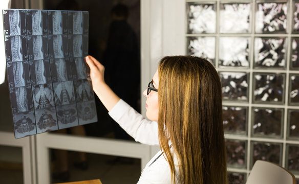 Young female doctor looking at the x-ray picture in hospital