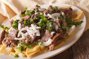 Homemade noodles with lamb and onion close-up on a plate. horizontal
