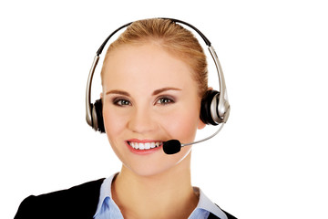 Smiling phone operator in headphones