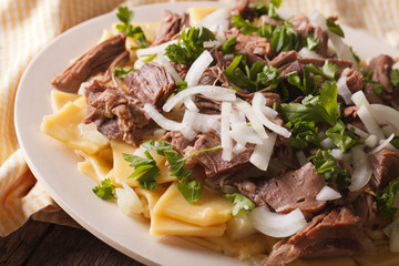 beshbarmak - homemade noodles with lamb and onion macro. horizontal   © FomaA