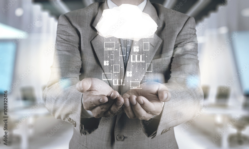 Poster double exposure of businessman hand working with a cloud computi