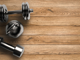 workout concept with kettle bells and dumbbells