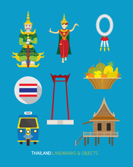 Thailand Traditional and Culture Objects Set, Landmark, House, Tuk Tuk, Thai Folk Dancer, Fruit