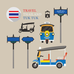 Naklejka premium Thailand Tuk Tuk and Side-Street Sign Set, Thailand Taxi, Front and Side View