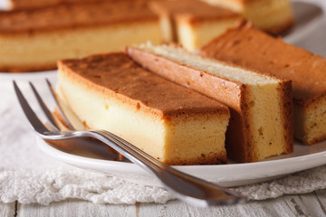 delicious sliced Japanese Castella cake closeup. horizontal
