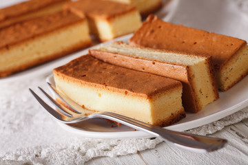 sliced Japanese Castella cake closeup on the table. horizontal
