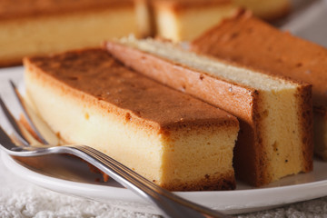 Castella Japanese cake on a plate macro. horizontal
