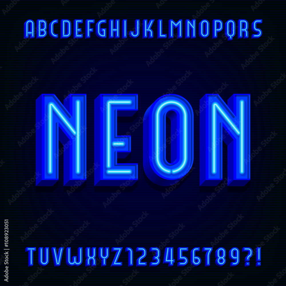 Fototapete neon alphabet vector font. 3d type letters with blue neon tubes and shadows. vector typeface for you