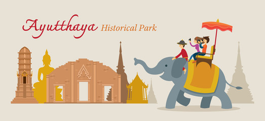 Fototapeta premium Tourist Ride Elephant, Ayutthaya, Thailand, Historical Park, World Heritage, Travel 