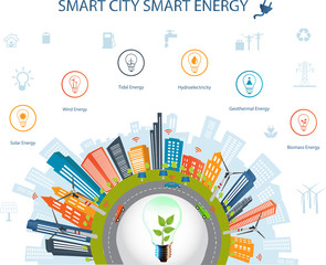 Ecological city concept.Smart city concept and Smart energy with different environmental icons.Smart city concept/ Smart energy