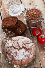 Bread and jar with buckwheat