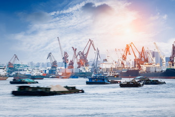 Fototapeta premium Industrial container freight Trade Port scene at sunset