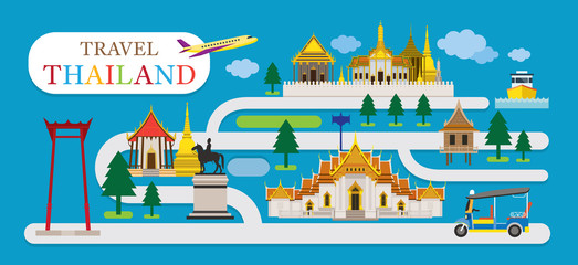Naklejka premium Travel Thailand Flat Design Vector, Landmarks, Temple, Tuk Tuk, Map