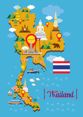 Fototapeta premium Thailand Map Detail Landmarks, Travel Attraction, Traditional Culture