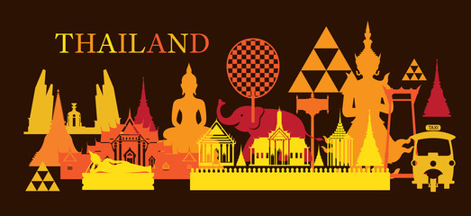 Fototapeta premium Thailand Landmark Colorful Shapes, Dark Background, Travel Attraction, Traditional Culture