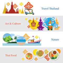 Obraz premium Thailand Travel Banner Concept Set, Attraction, Culture, Nature, Food