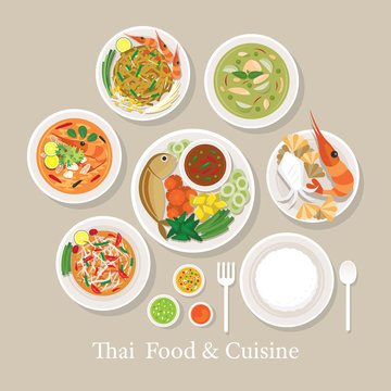 Thai Food and Cuisine Set, Traditional, Famous Menu, with Rice