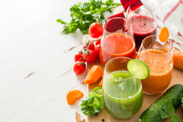 Selection of colorful vegetable juice in glasses