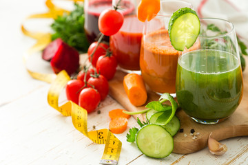 Selection of colorful vegetable juice in glasses
