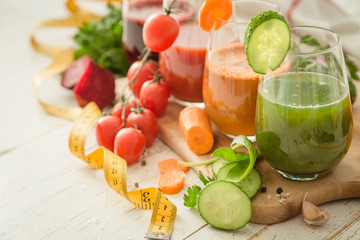 Selection of colorful vegetable juice in glasses