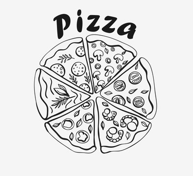 Hand drawn pizza with different slices