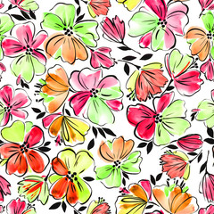 seamless artistic hand drawn flower pattern, graphical, colorful, bright fantasy floral background allover print on white with black outlines