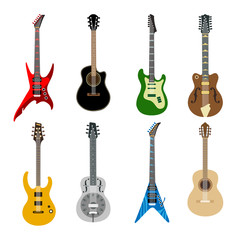 Naklejka premium Acoustic guitars and electric guitars colored icons on white background. Different shape guitars vector icons set