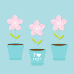 Sakura flower pot set. Japan blooming cherry blossom. Blue background I love mom Happy mothers day Text with heart sign Greeting card Flat design style