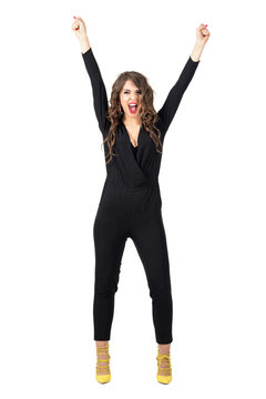 Cheerful Excited Cheering Screaming Woman With Arms Reaching Up. Full Body Length Portrait Isolated Over White Studio Background.