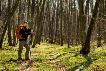 Naklejka na ściany i meble Male hiker looking to the side walking in forest