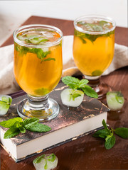 Cold tea with ice and mint leaves