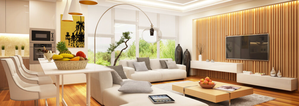 Modern living room and modern kitchen