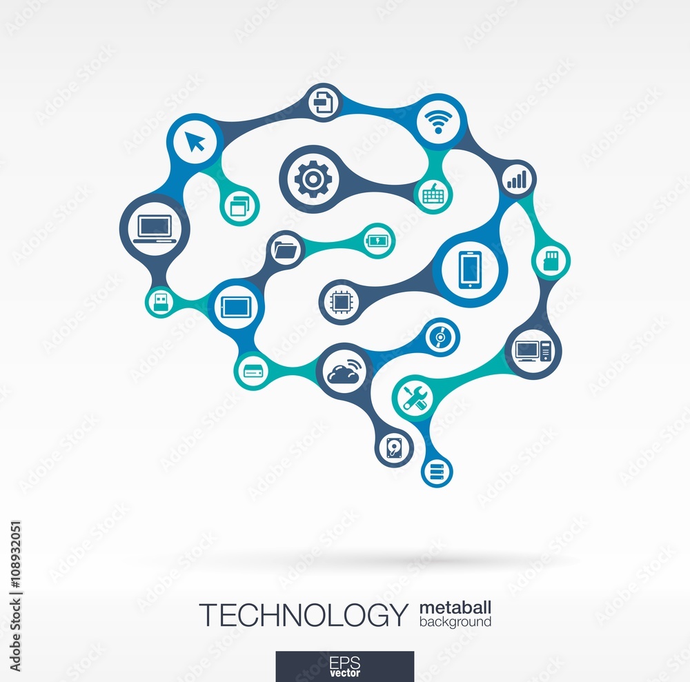 Poster abstract technology background with connected metaball and integrated circles. brain concept with ne