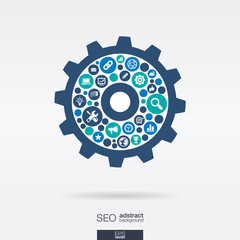 Color circles, flat icons in an cogwheel shape, technology, SEO, network, digital, analytics, data and market mechanism concepts. Abstract background with connected objects. Vector illustration.