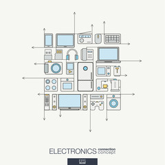 Fototapeta premium Electronics integrated thin line symbols. Modern color vector concept, with connected flat design icons. Abstract background illustration for multimedia shop, household and market concepts