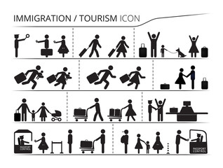 Fototapeta na wymiar The set of icons on the theme of immigration and tourism. Illustration created with black white colors. Emigrant / Refugee series 