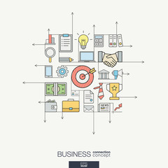 Business integrated thin line symbols. Modern color style vector concept, with connected flat design icons. Illustration for strategy, service, analytics, research, career, digital marketing concepts