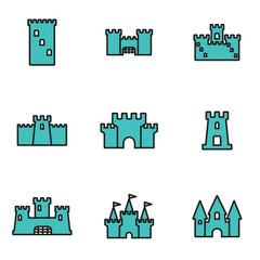 Trendy flat line icon pack for designers and developers. Vector line castle icon set, castle icon object, castle icon picture, castle image - stock vector