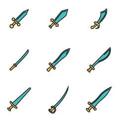 Trendy flat line icon pack for designers and developers. Vector line sword icon set, sword icon object, sword icon picture, sword image - stock vector