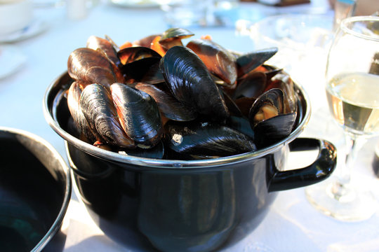 A Pot with Steamed Mussels