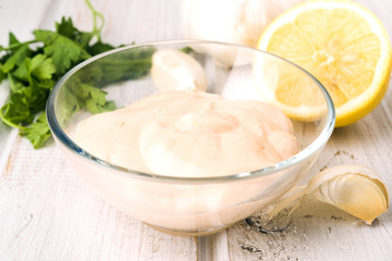 pink sauce in glass bowl