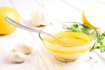 vinaigrette sauce in glass bowl