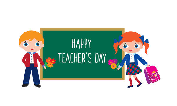 Happy Teachers' Day. Schoolchildren with schoolbags and flowers. Back to school. Elements for your design. Vector illustration.