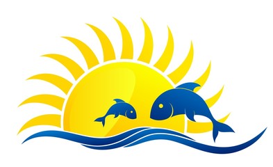 Logo of sun and sea with fishes. 